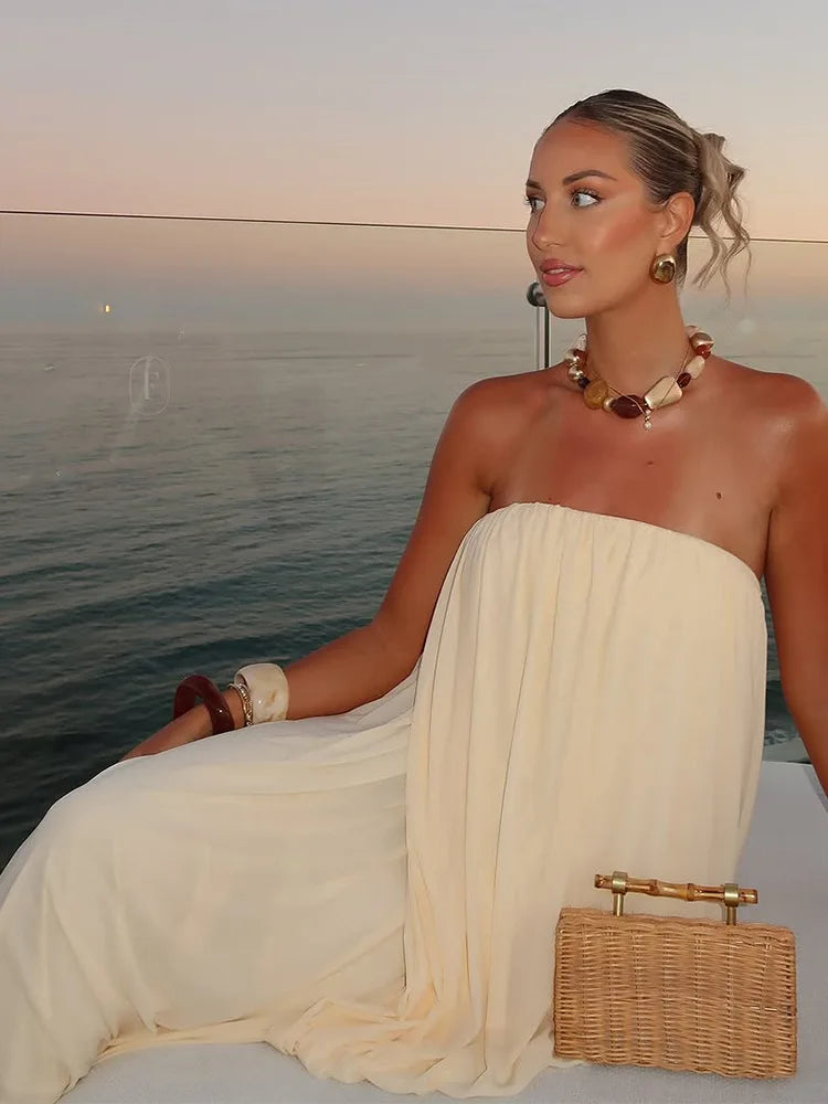 Strapless Pleated Maxi Sleeveless  Long Dresses