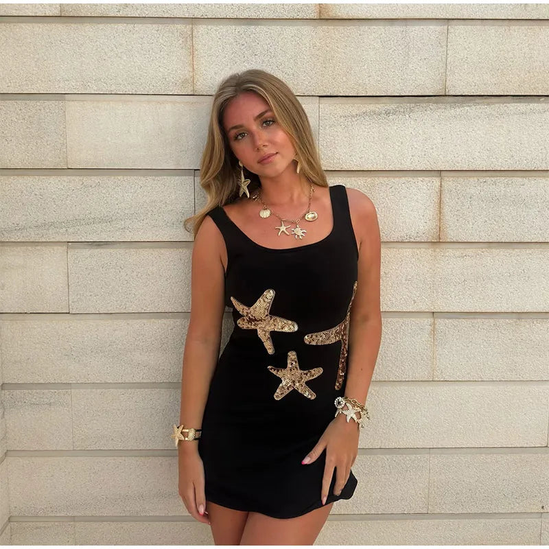 Stunning Shiny Stars Ruffles Hem Knitted Mini Dress