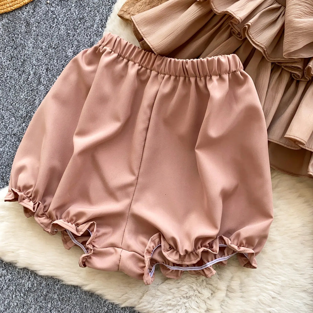 SINGREINY Fairycore Lace Chiffon Dresses With Stretch Shorts Pearl Button Bow Female Ruffles Sheer Seaside Holiday Mini Dress