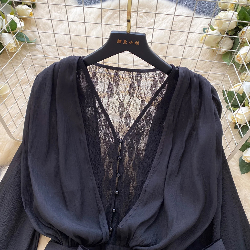 SINGREINY Fairycore Lace Chiffon Dresses With Stretch Shorts Pearl Button Bow Female Ruffles Sheer Seaside Holiday Mini Dress