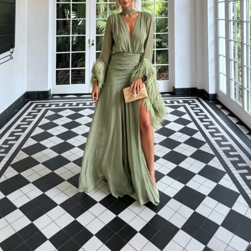 Women Elegant Solid Dress 2026 Fall V Neck Long Sleeve Feather Splicing Chiffon High Slit Slim Fit Maxi Dress Formal Party Gown