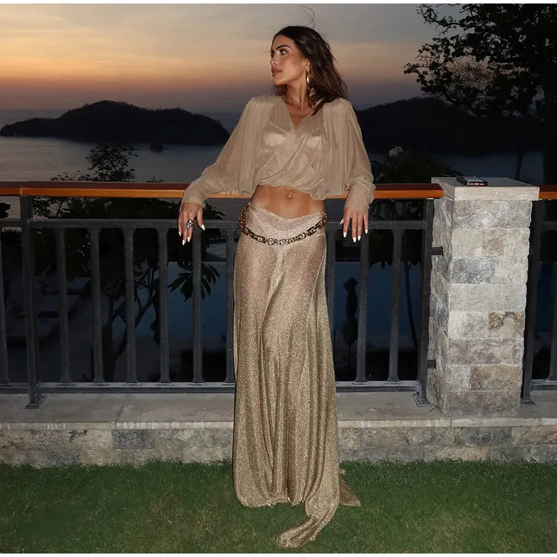 Sexy Women's Solid Top Long Skirt Set V-neck Batwing Full Sleeve Cross Crop Tops Chain Slit Skirts 2026 Summer Lady Beach Suit