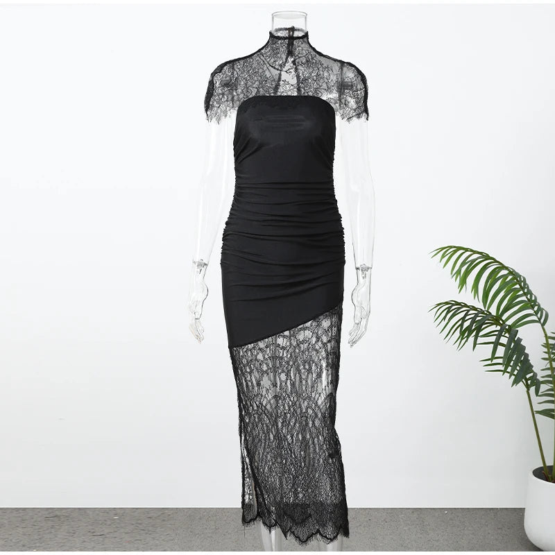 Sexy Lace Shawl Patchwork Strapless Dress Women Sleeveless Waist Cinched Split Pleated Slim Dresses Lady Evening Party Robe 2026