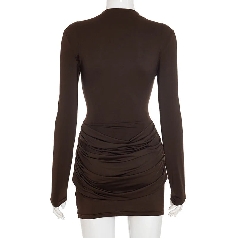 XIAOTANG Long Sleeve Ruched Sexy Mini Dress Women Autumn Winter New Elegant High Waist Bodycon Club Party Dresses Female