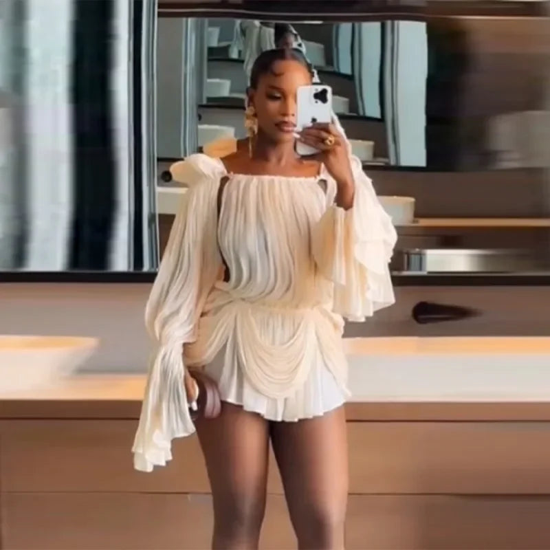 Cream Chiffon Off Shoulder Trendy dress