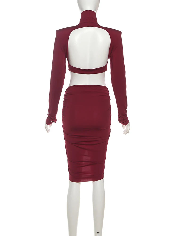 Nibber Hollow Dress Women Turtleneck Ruched Patchwork Full Sleeve Irregular Hem Skinny Stretch Party Club Elegant Mini Bodycon