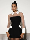 Nibber Full Sleeve Dress Women Fashion Mesh Patchwork Sexy Color Blocking Turn Down Collar Elegant Party Club Autumn Bodycon
