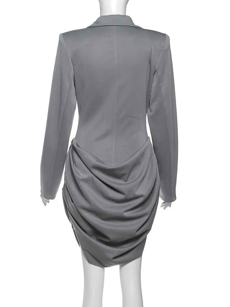 Nibber Office Dress Women Lapel Irregular Hem Full Sleeve Skinny Solid Simple Classic Elegant Autumn Trend Commute Mini Bodycon
