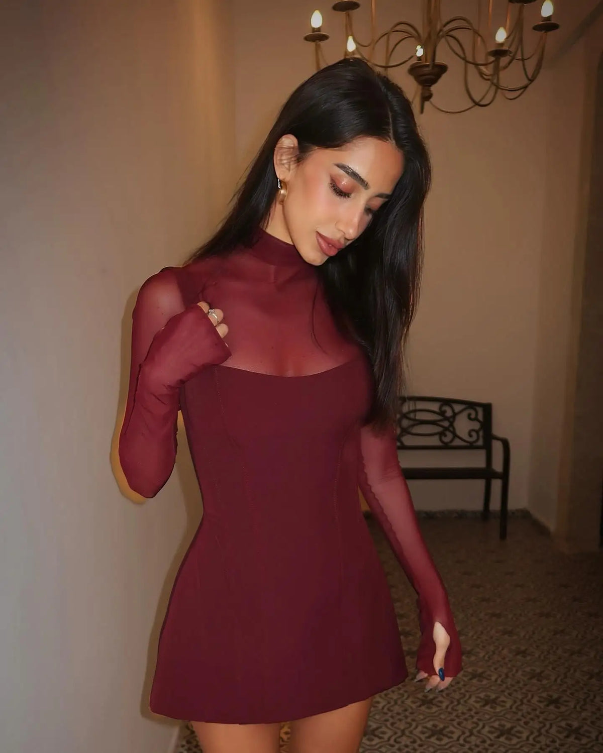 Sexy Women's Burgundy Mini Dress Luxury Turtleneck Transparent Long Sleeve A-line Short Dresses Evening Party Prom Cocktai New