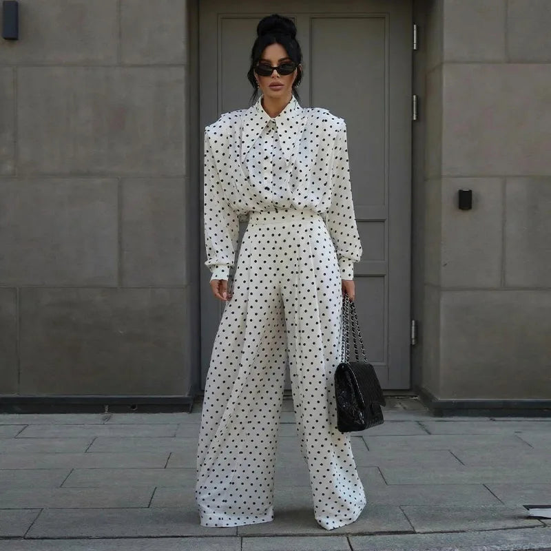 Casual Dot Shirt Pants Women Set Holidays Lapel Long Sleeve Blouse Wide Leg Pleated Trousers 2026 Spring Summer Lady Outfit