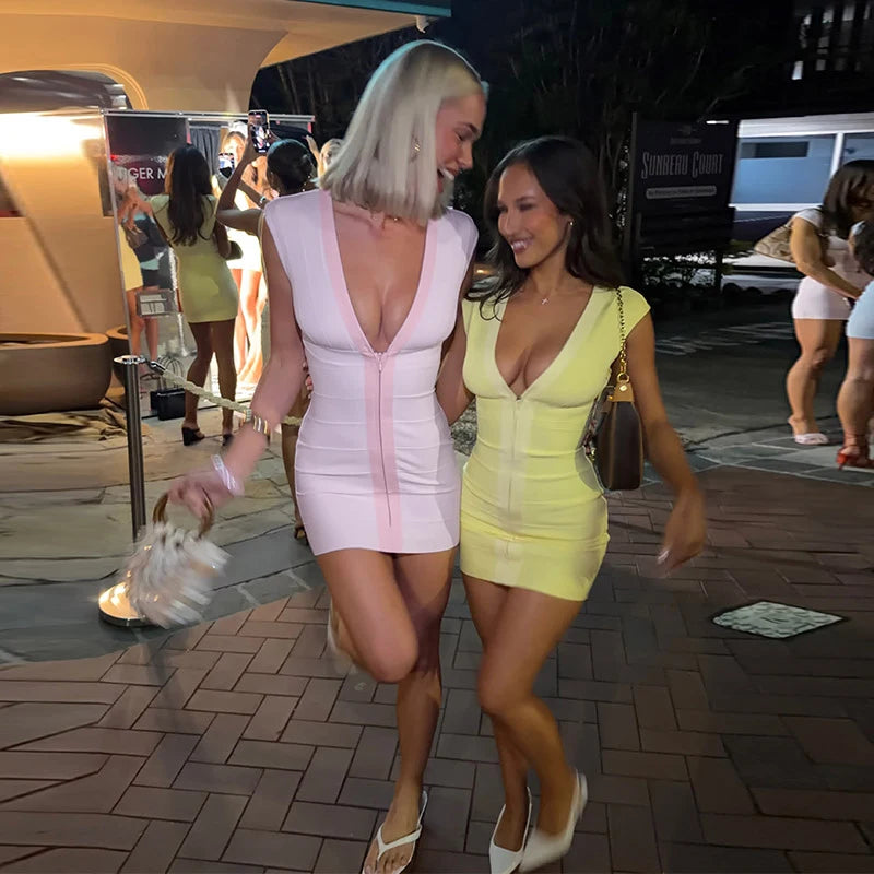 Sexy V-Neck Women's Dress Elastic Sleeveless Zippers Hip Package Lady Mini Dresses 2026 Summer Autumn Female Party Robe