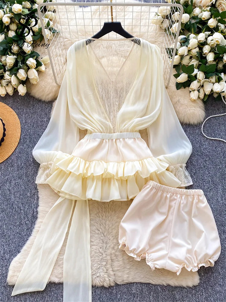 SINGREINY Fairycore Lace Chiffon Dresses With Stretch Shorts Pearl Button Bow Female Ruffles Sheer Seaside Holiday Mini Dress