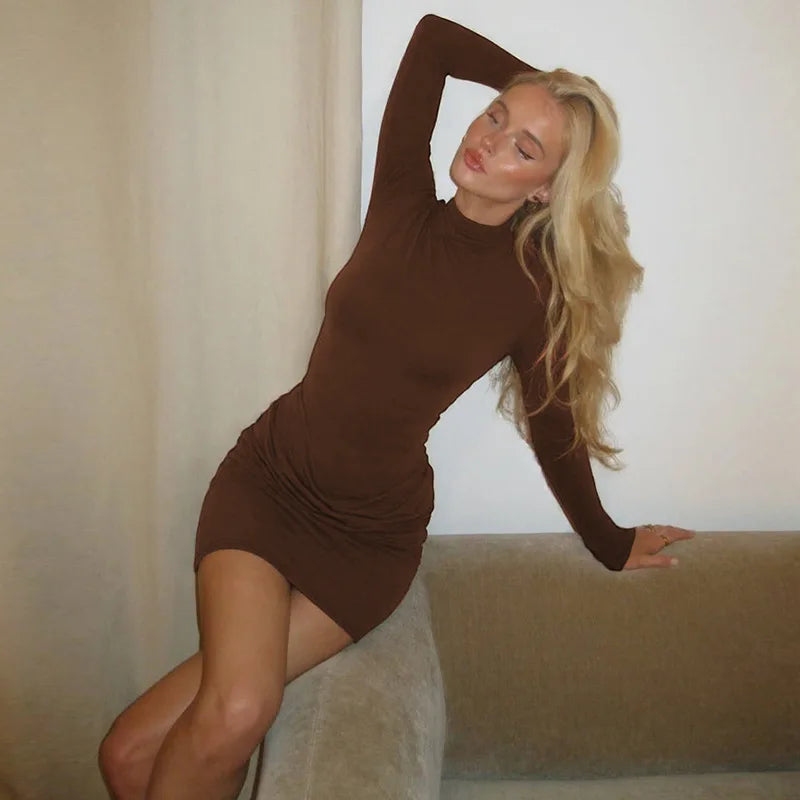 Stand Collar Fold Bodycon Mini Dress Women Autumn Winter Long Sleeve Solid Black Dresses Streetwear Elegant Chic Female Robes