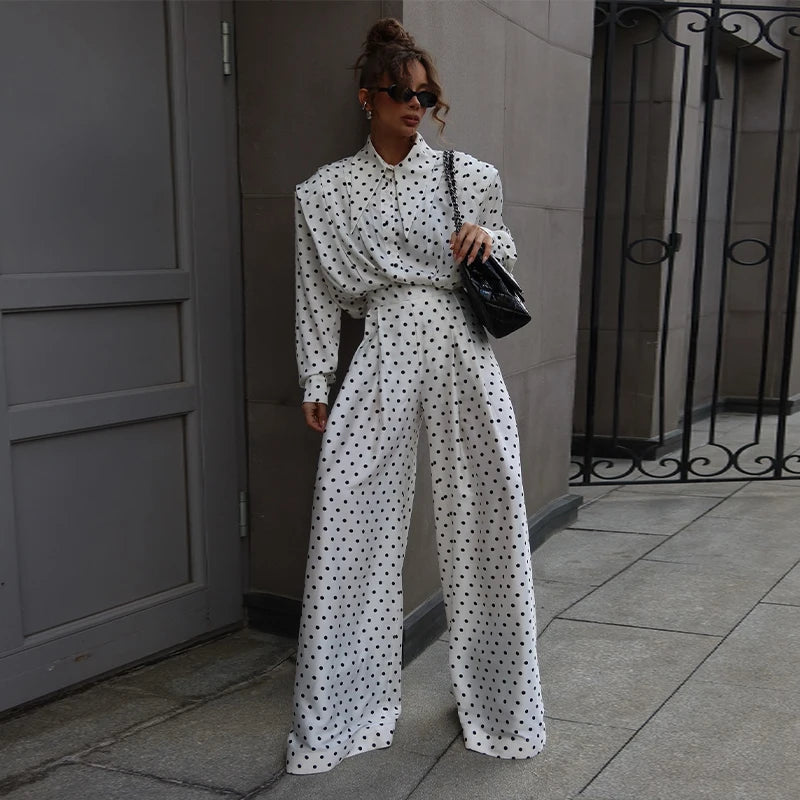Casual Dot Shirt Pants Women Set Holidays Lapel Long Sleeve Blouse Wide Leg Pleated Trousers 2026 Spring Summer Lady Outfit