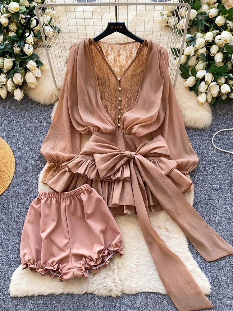 SINGREINY Fairycore Lace Chiffon Dresses With Stretch Shorts Pearl Button Bow Female Ruffles Sheer Seaside Holiday Mini Dress