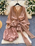 SINGREINY Fairycore Lace Chiffon Dresses With Stretch Shorts Pearl Button Bow Female Ruffles Sheer Seaside Holiday Mini Dress