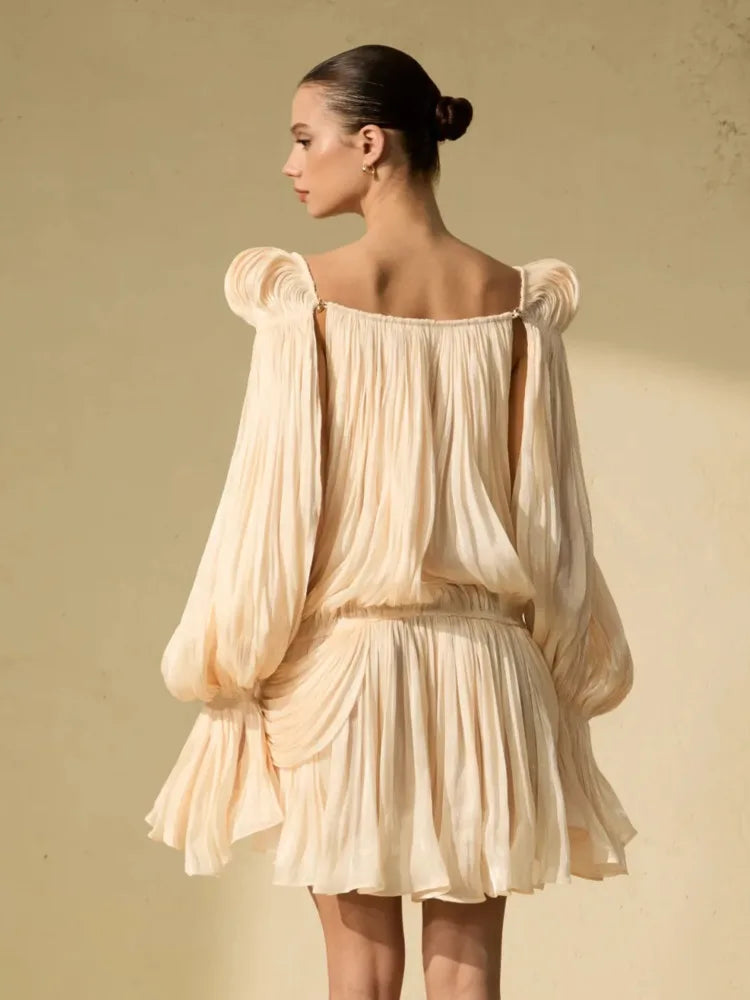 Puff Sleeve Ruched Flared Mini Dress