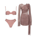 Striped 3Pcs Bandeau Biquini 2026 Women Sexy Swimsuit Push Up Swimwear Female Swimming Suits Low Waisted Bathingsuit Beachwear