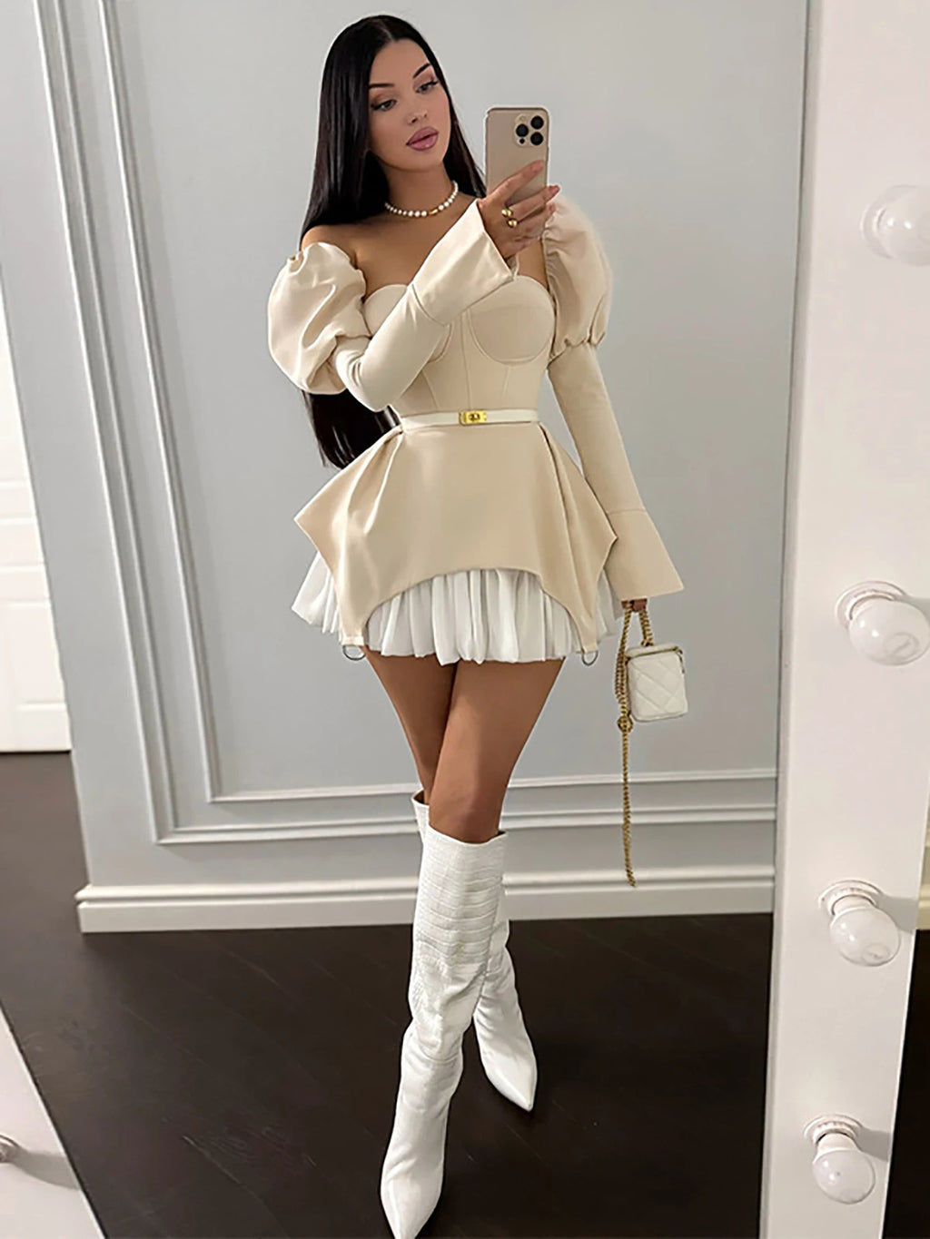 Women Corset Fashion Irregular Sexy Mini Dress Off-Shoulder Puff Trumpet Sleeves Slim Tube High Street Chic Short Dress Vestidos