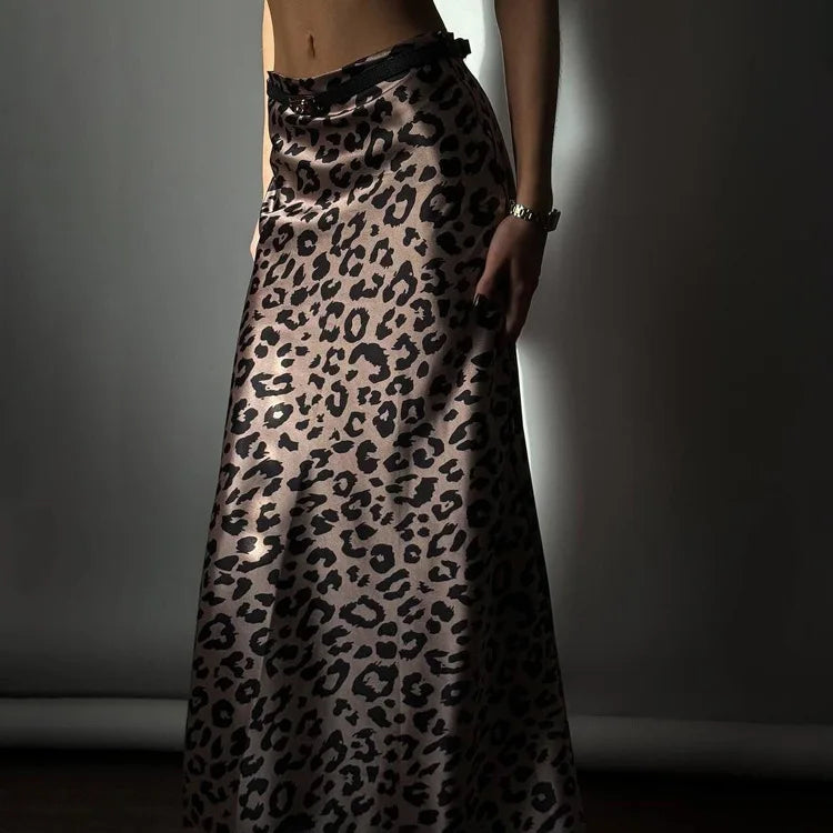 Satin Leopard Print Long Skirt