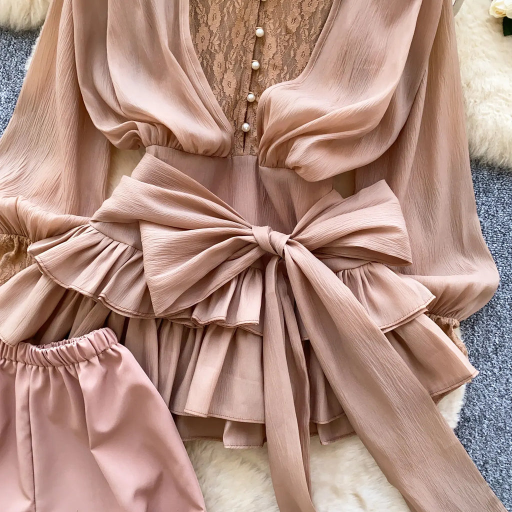 SINGREINY Fairycore Lace Chiffon Dresses With Stretch Shorts Pearl Button Bow Female Ruffles Sheer Seaside Holiday Mini Dress