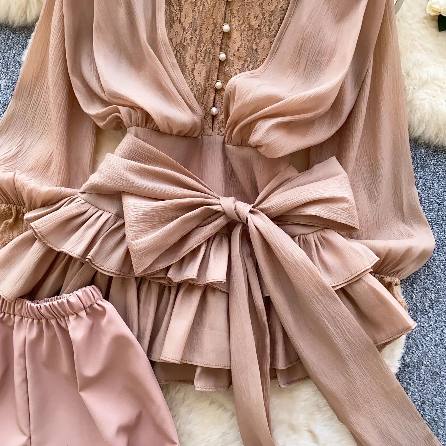 SINGREINY Fairycore Lace Chiffon Dresses With Stretch Shorts Pearl Button Bow Female Ruffles Sheer Seaside Holiday Mini Dress