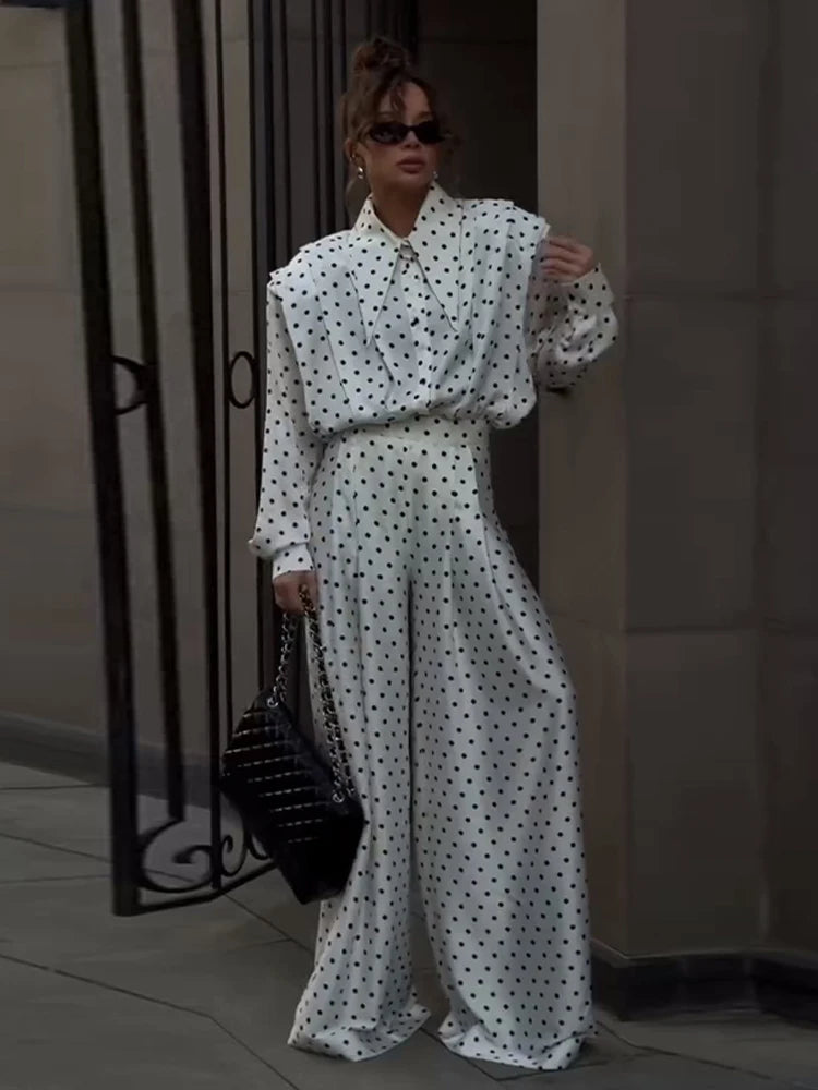 Casual Dot Shirt Pants Women Set Holidays Lapel Long Sleeve Blouse Wide Leg Pleated Trousers 2026 Spring Summer Lady Outfit