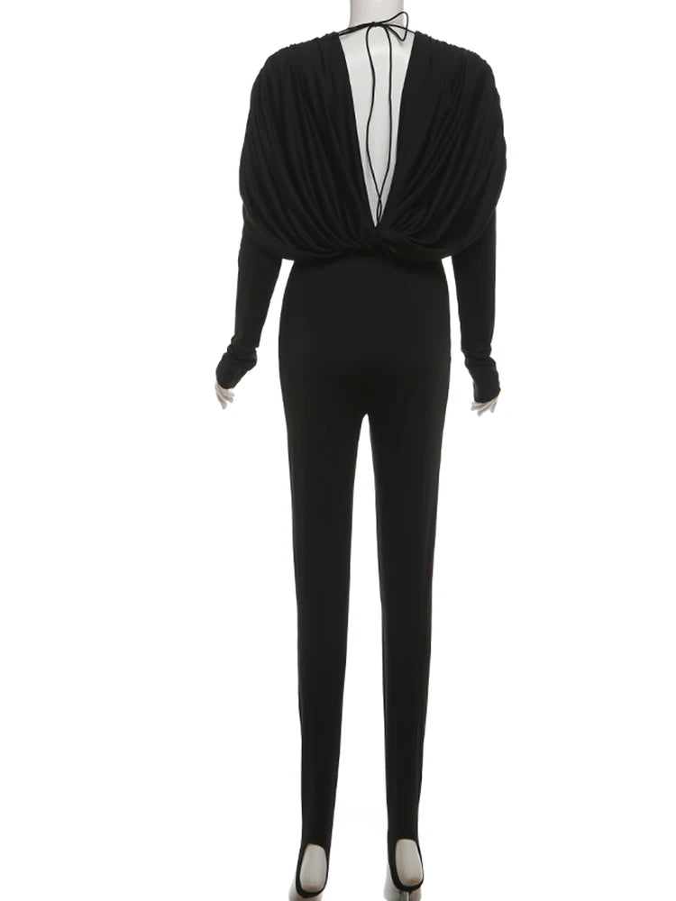 Nibber Office Style Casual Fashion Jumpsuit Woman Folds Low-Neck Full Sleeve High Waist Skinny Peach Hip Street Classic Overalls
