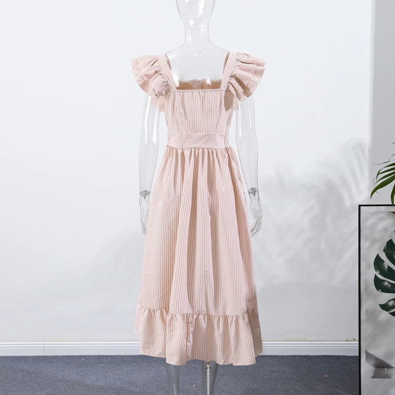 Elegant Striped Ruffled Women's Long Dress Square-Neck Single Breasted Flying Sleeve Dresses 2026 Summer Lady Party Beach Robes
