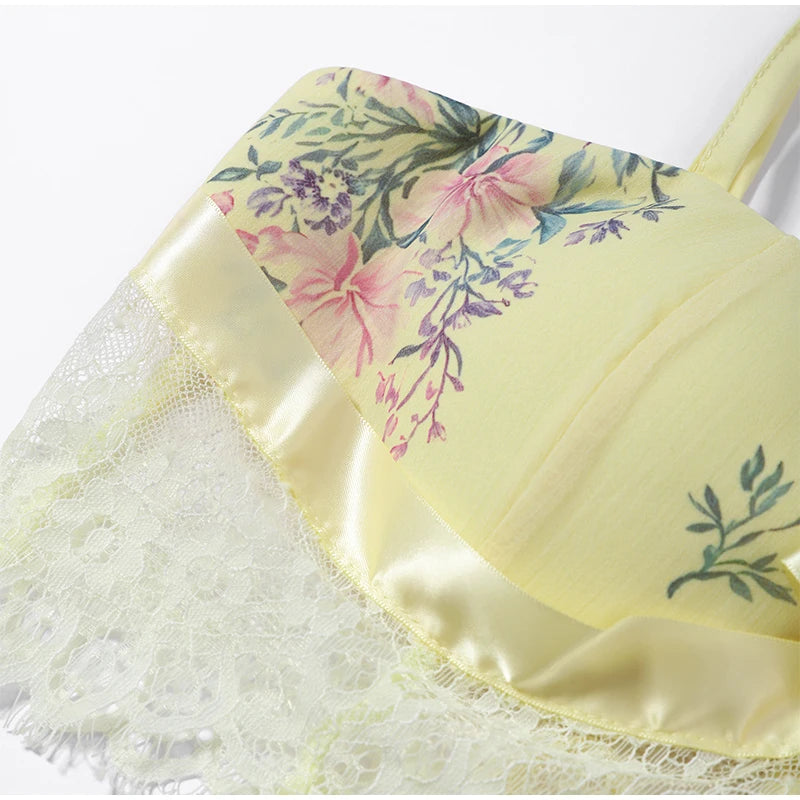 Floral Printed Women's Dress Lace Patchwork Spaghetti Strap Cami Top Female Tulle Ruffle Maxi Skirt Party Beach Dresses For Lady