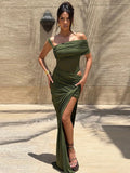 Waistless Shoulder Off High Side Slit Maxi Dress