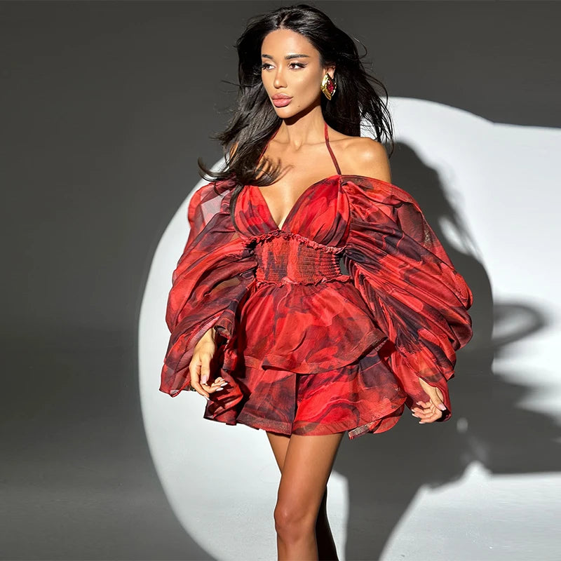 Sexy Print Cascading Ruffles A-line Dress Women Halter Bubble Sleeve Party Short Dresses 2026 Summer Lady Chic Holiday Robes
