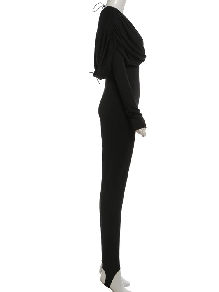 Nibber Office Style Casual Fashion Jumpsuit Woman Folds Low-Neck Full Sleeve High Waist Skinny Peach Hip Street Classic Overalls