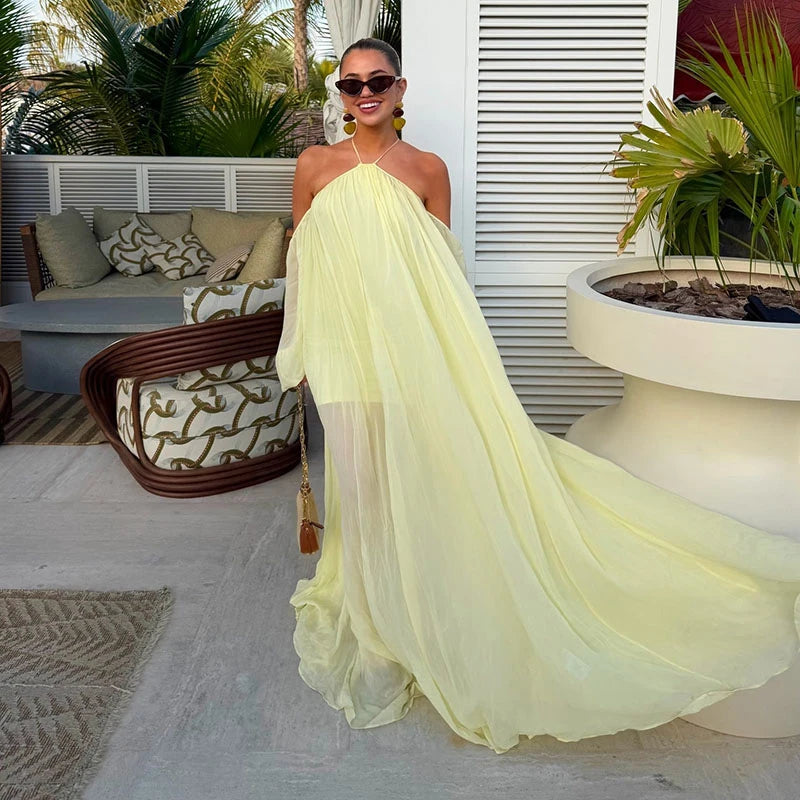 Sexy Halter Backless Party Gowns Women's Yellow Big Hem Off-shoulder Long Dresses 2026 Spring New Ladies Loose Beach Robes