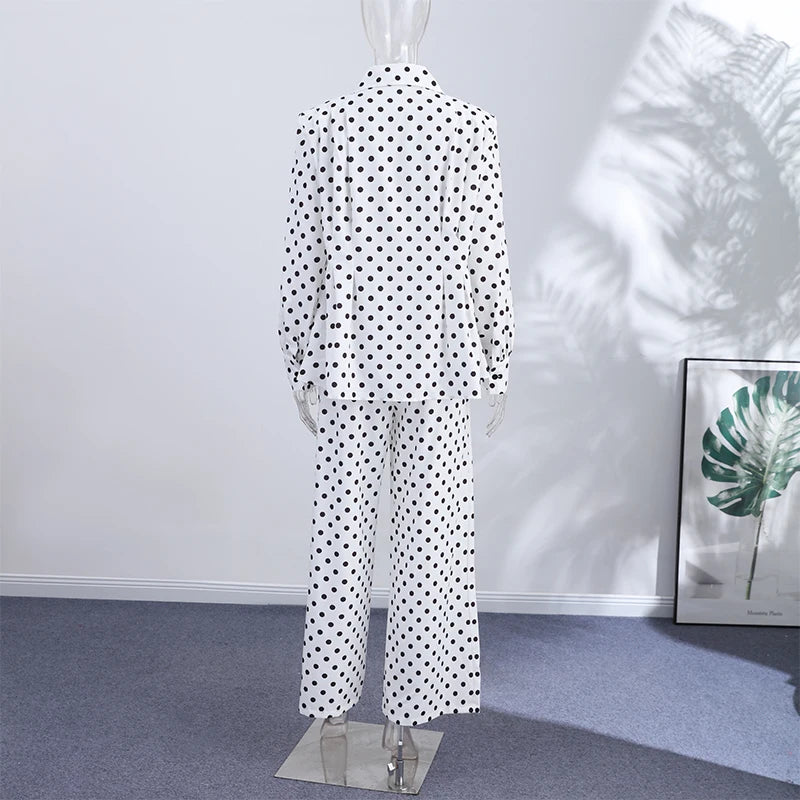 Casual Dot Shirt Pants Women Set Holidays Lapel Long Sleeve Blouse Wide Leg Pleated Trousers 2026 Spring Summer Lady Outfit