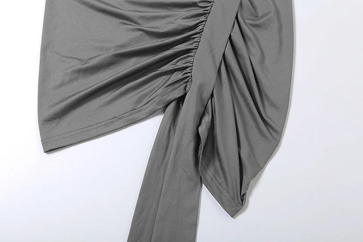 Nibber Asymmetry 2-Piece Set Women Mock Turtleneck One Sleeve Drawstringtops+Folds Tassel Irregular Hem Skirts Elegant Chic Suit