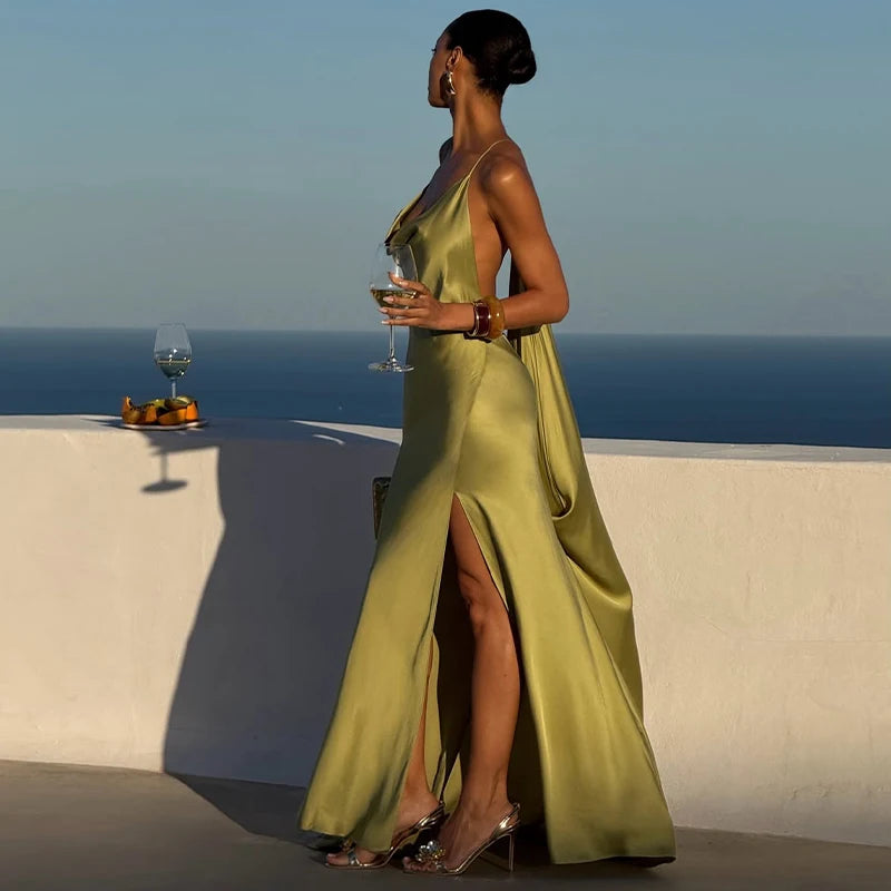 Sexy Women's Satin Solid Long Dress Swing Collar Sleeveless Backless Spaghetti Strap Slit Dresses 2026 Summer Evening Lady Robes