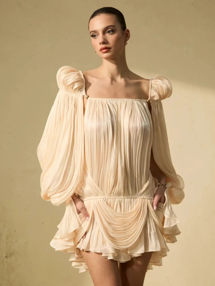 Puff Sleeve Ruched Flared Mini Dress