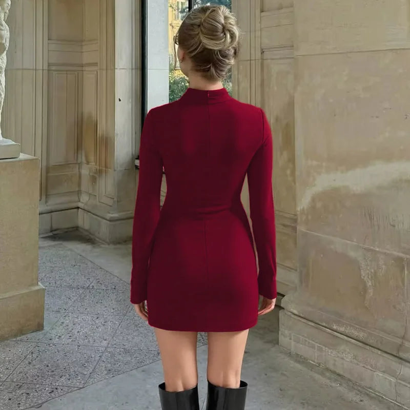 Stand Collar Fold Bodycon Mini Dress Women Autumn Winter Long Sleeve Solid Black Dresses Streetwear Elegant Chic Female Robes