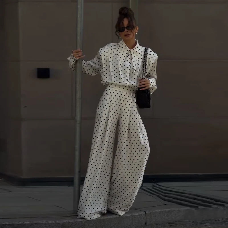 Casual Dot Shirt Pants Women Set Holidays Lapel Long Sleeve Blouse Wide Leg Pleated Trousers 2026 Spring Summer Lady Outfit