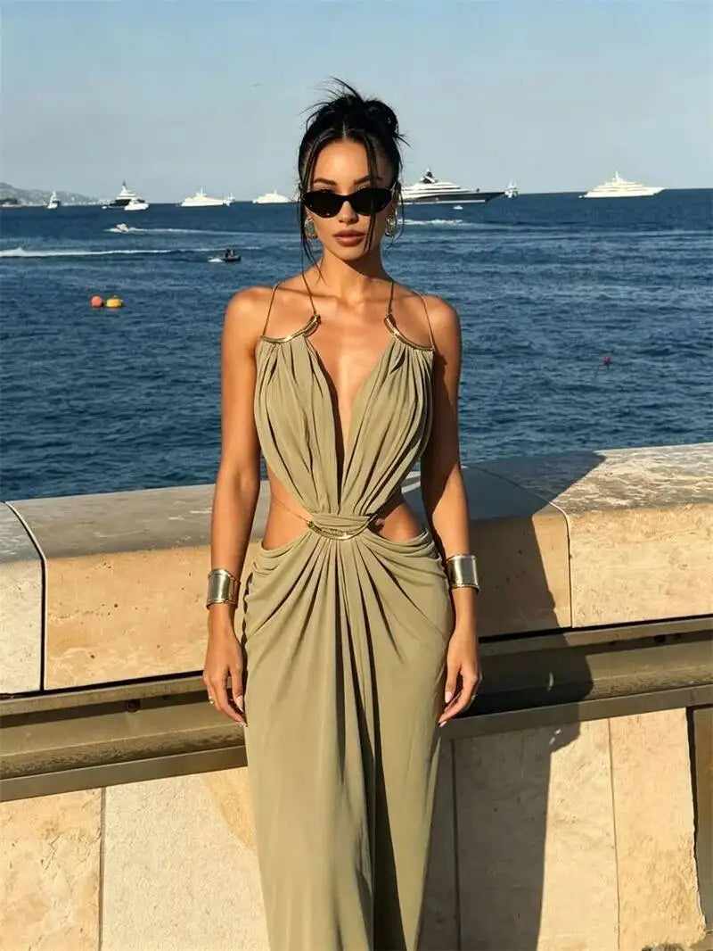 Halter Deep V Neck Maxi Dress Backless