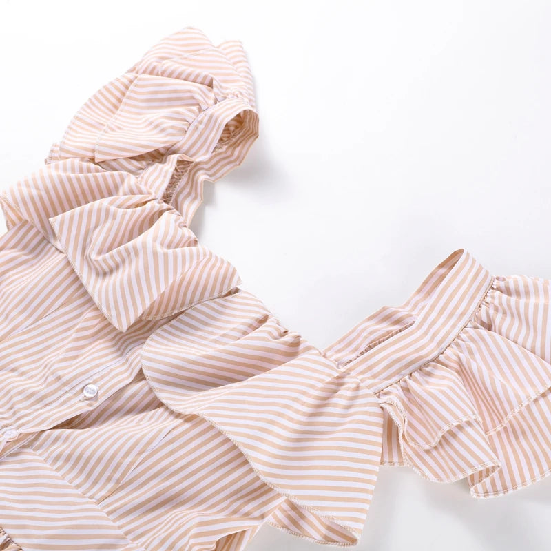 Elegant Striped Ruffled Women's Long Dress Square-Neck Single Breasted Flying Sleeve Dresses 2026 Summer Lady Party Beach Robes