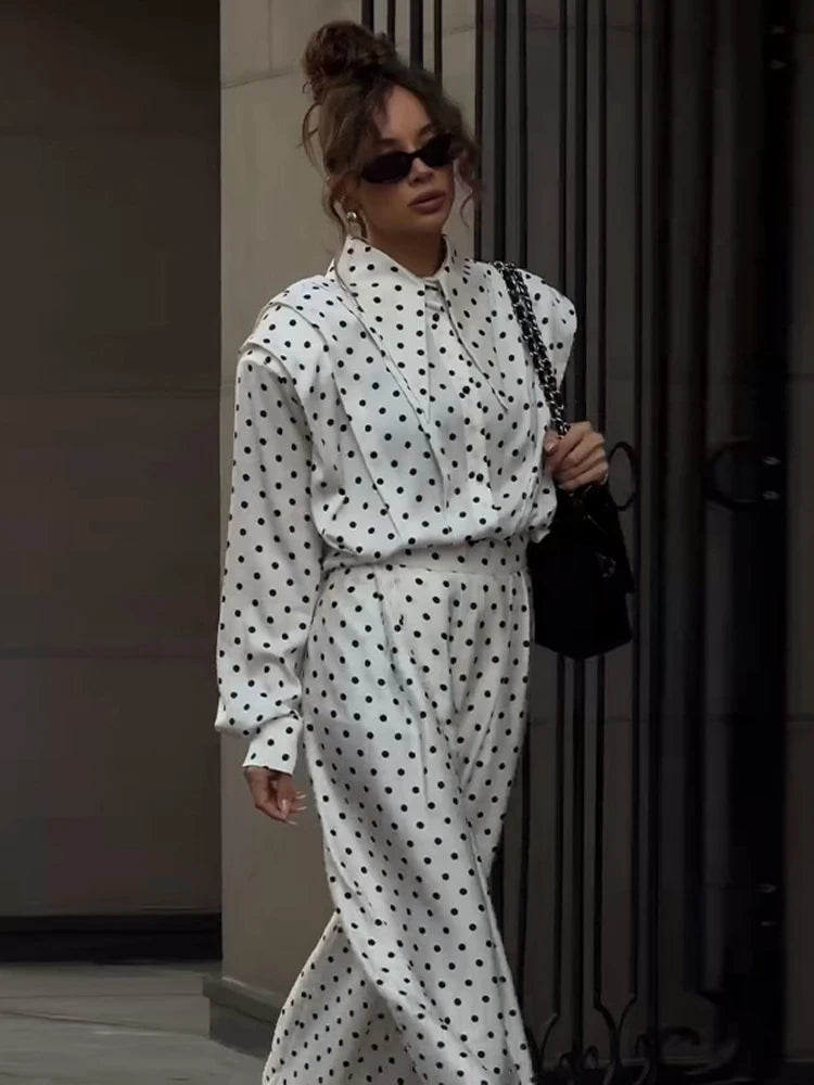 Casual Dot Shirt Pants Women Set Holidays Lapel Long Sleeve Blouse Wide Leg Pleated Trousers 2026 Spring Summer Lady Outfit