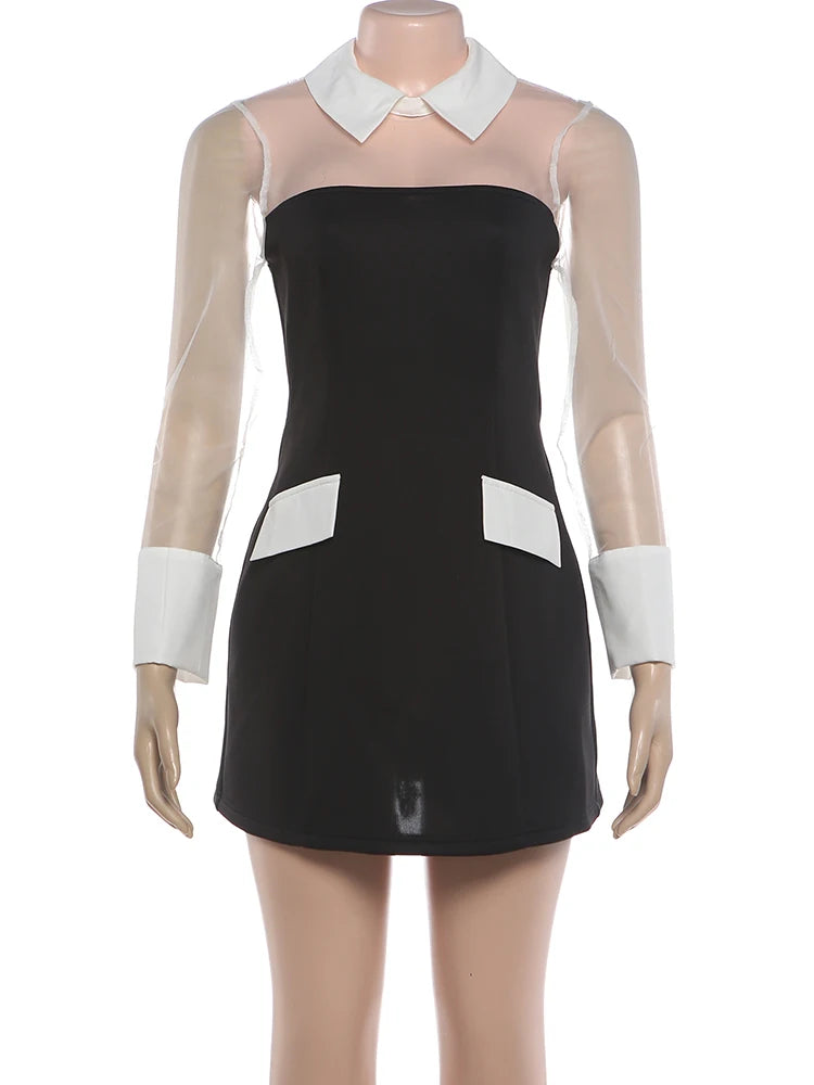 Nibber Full Sleeve Dress Women Fashion Mesh Patchwork Sexy Color Blocking Turn Down Collar Elegant Party Club Autumn Bodycon