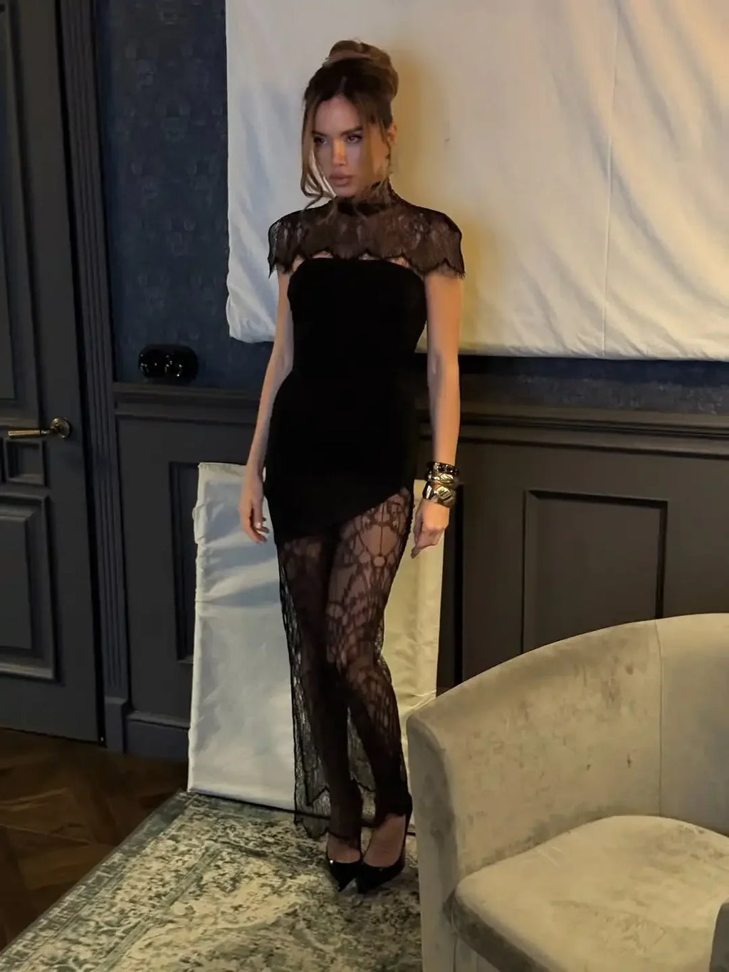Sexy Lace Shawl Patchwork Strapless Dress Women Sleeveless Waist Cinched Split Pleated Slim Dresses Lady Evening Party Robe 2026