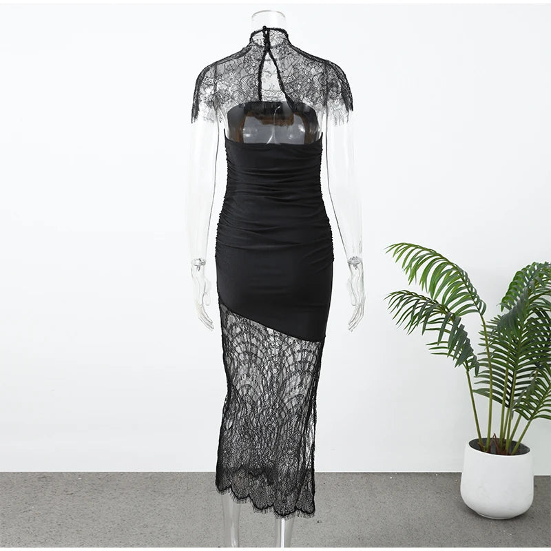 Sexy Lace Shawl Patchwork Strapless Dress Women Sleeveless Waist Cinched Split Pleated Slim Dresses Lady Evening Party Robe 2026