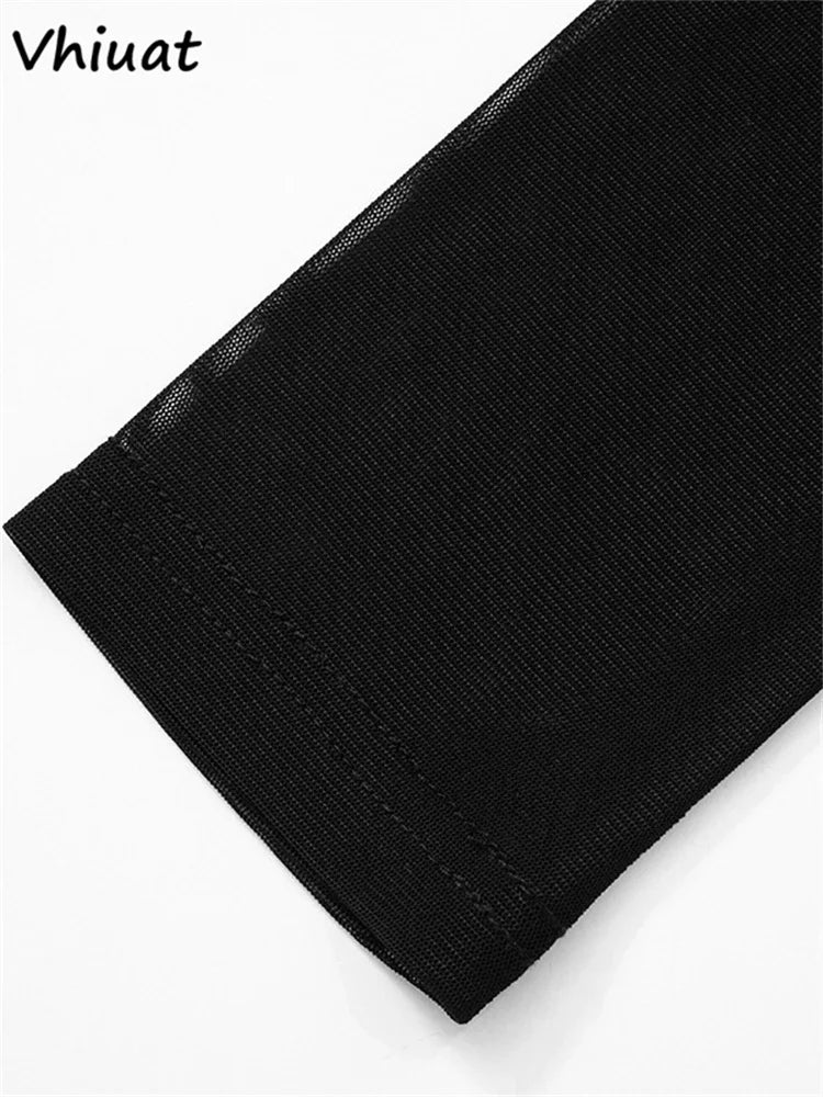 Vhiuat Sexy Cut Out Mesh Patchwork Turtleneck Long Sleeve Wrap Short Dress 2024 Party Evening Elegant Party Birthday Mini Dress