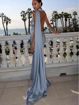 Elegant Satin Ribbons Halter Party Dress