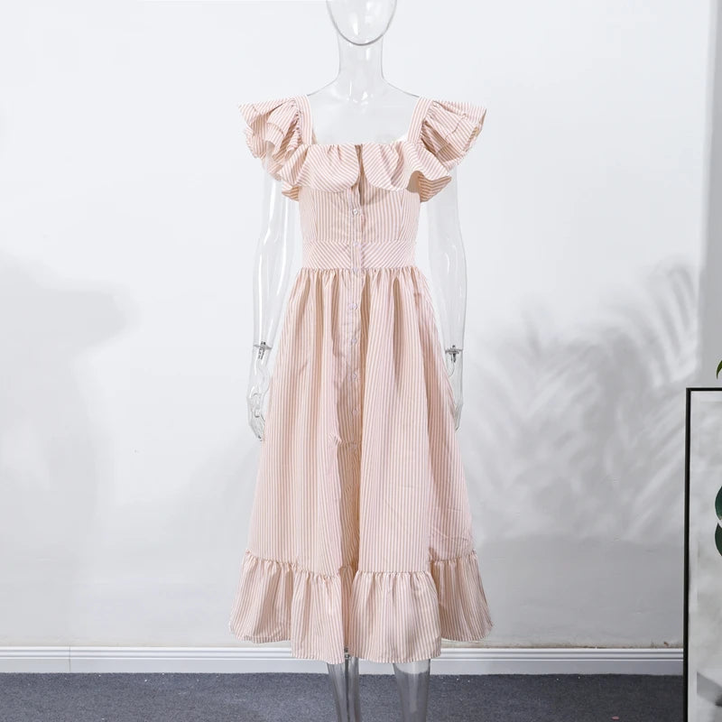 Elegant Striped Ruffled Women's Long Dress Square-Neck Single Breasted Flying Sleeve Dresses 2026 Summer Lady Party Beach Robes