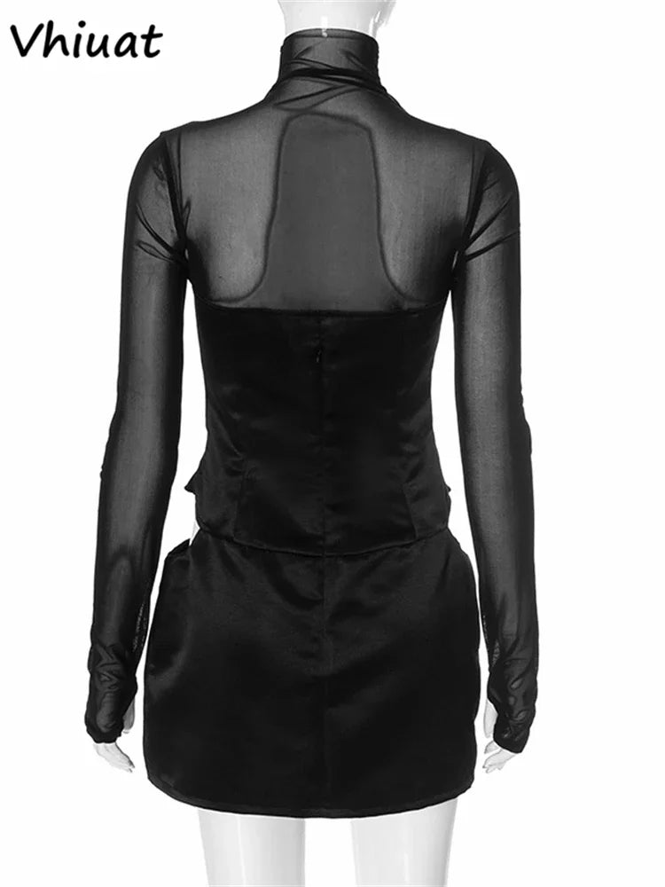 Vhiuat Sexy Cut Out Mesh Patchwork Turtleneck Long Sleeve Wrap Short Dress 2024 Party Evening Elegant Party Birthday Mini Dress